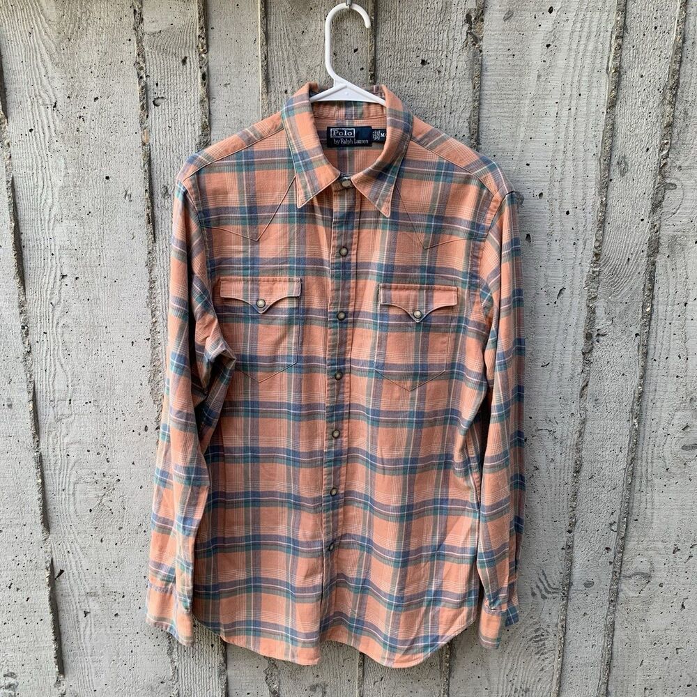 Vintage Polo Ralph Lauren Plaid Western Yokes Pearl Snaps Flannel Cowboy Rodeo M